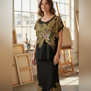 Vintage Elegant Black and Gold Women's Skirt Set